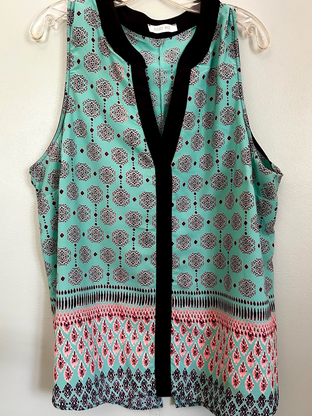 August Mist Sleeveless Printed Split-Neck Top with Black Trim Teal Print